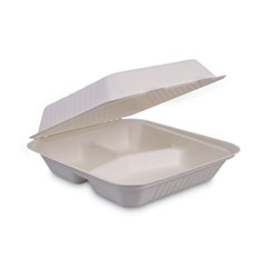 Boardwalk® Bagasse Food Containers, Hinged-Lid, 3-Compartment 9 x 9 x 3.19, White, 100/Sleeve, 2 Sleeves/Carton