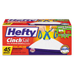 Hefty® Cinch Sak Tall Kitchen and Trash Bags, 13 gal, 0.9 mil, 24" x 27.38", White, 45/Box