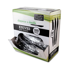 Berkley Square Dispens-a-Knife, Individually Wrapped, Mediumweight, Plastic, Black, 100/Box