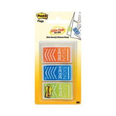 Post-it® Flags Arrow Message 1" Page Flags, "Sign Here", Blue/Lime/Orange, 20 Flags/Dispenser, 3 Dispensers/Pack