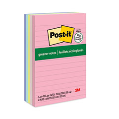 Post-it® Greener Notes Original Recycled Note Pads, Note Ruled, 4" x 6", Sweet Sprinkles Collection Colors, 100 Sheets/Pad, 5 Pads/Pack