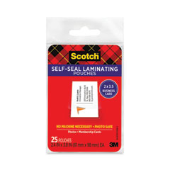 Scotch™ Self-Sealing Laminating Pouches, 9.5 mil, 3.88" x 2.44", Gloss Clear, 25/Pack