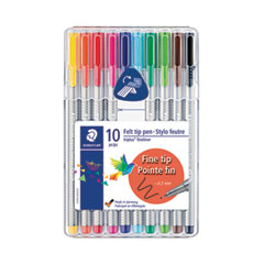 Staedtler® Triplus Fineliner Porous Point Pen, Stick, Extra-Fine 0.3 mm, Assorted Ink Colors, Silver Barrel, 10/Pack