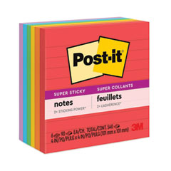 Post-it® Notes Super Sticky Pads in Playful Primary Collection Colors, Note Ruled, 4" x 4", 90 Sheets/Pad, 6 Pads/Pack