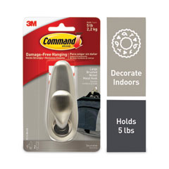 Command™ Adhesive Mount Metal Hook, Large, Brushed Nickel Finish, 5 lb Capacity, 1 Hook and 2 Strips/Pack