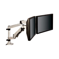 3M™ Easy-Adjust Desk Dual Arm Mount for 27" Monitors, 360 deg Rotation, +90/-15 deg Tilt, 360 deg Pan, Silver, Supports 20 lb