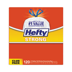 Hefty® Strong Tall Kitchen Drawstring Bags, 13 gal, 0.9 mil, 23.75" x 27", White, 90/Box
