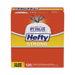 Hefty® Strong Tall Kitchen Drawstring Bags, 13 gal, 0.9 mil, 23.75" x 27", White, 90 Bags/Box, 3 Boxes/Carton