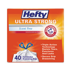 Hefty® Ultra Strong Tall Kitchen and Trash Bags, 13 gal, 0.9 mil, 23.75" x 24.88", White, 40/Box, 6 Boxes/Carton
