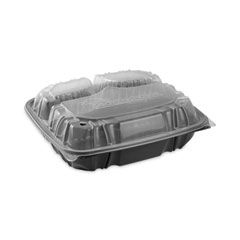 Pactiv Evergreen EarthChoice Vented Dual Color Microwavable Hinged Lid Container, 3-Compartment, 34oz, 10.5 x 9.5 x 3, Black/Clear, 132/Carton