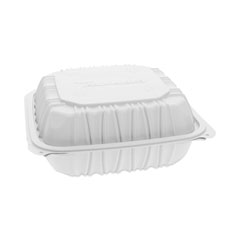 Pactiv Evergreen EarthChoice Vented Microwavable MFPP Hinged Lid Container, 3-Compartment, 8.5 x 8.5 x 3.1, White, 146/Carton