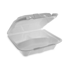 Pactiv Evergreen Vented Foam Hinged Lid Container, Dual Tab Lock Economy, 3-Compartment, 8.42 x 8.15 x 3, White, 150/Carton