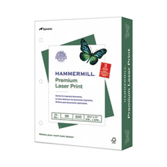 Hammermill® Premium Laser Print Paper, 98 Bright, 3-Hole, 24 lb Bond Weight, 8.5 x 11, White, 500/Ream