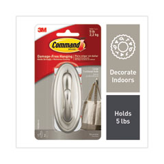 Command™ Decorative Hooks, Traditional, Large, Plastic, Silver, 5 lb Capacity, 1 Hook and 2 Strips/Pack