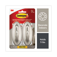 Command™ Decorative Hooks, Traditional, Large, 5 lb Capacity, Brushed Nickel, 2 Hooks and 4 Strips/Pack