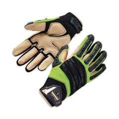 ergodyne® ProFlex 924LTR Leather-Reinforced Hybrid Dorsal Impact-Reducing Gloves, Black/Lime, Large, Pair, Ships in 1-3 Business Days