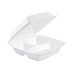 Dart® Insulated Foam Hinged Lid Containers, 3-Compartment. 7.9 x 8.4 x 3.3, White, 200/Carton