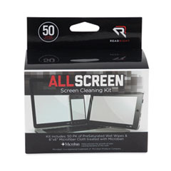 Read Right® AllScreen Screen Cleaning Kit, Individually Wrapped Presaturated Wipes, 1 Microfiber Cloth, 5 x 4, Unscented, White, 50/Box