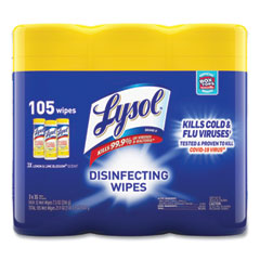 LYSOL® Brand Disinfecting Wipes, 1-Ply, 7 x 7.25, Lemon and Lime Blossom, White, 35 Wipes/Canister, 3 Canisters/Pack