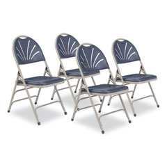 1100 Series Deluxe Fan-Back Tri-Brace Folding Chair, Supports 500 lb, Dk Blue Seat/Back, Gray Base,4/CT,Ships in 1-3 Bus Days