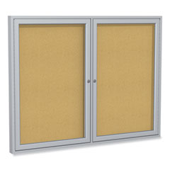 2 Door Enclosed Natural Cork Bulletin Board with Satin Aluminum Frame, 48 x 36, Tan Surface