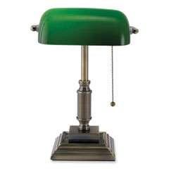 LED Bankers Lamp with Green Shade, Candlestick Neck, 14.75" High, Antique Bronze