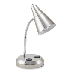 V-Light LED Gooseneck Desk Lamp with Charging Outlets, Gooseneck,15" High, Brushed Steel, Ships in 4-6 Business Days