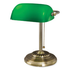 LED Bankers Lamp with Green Shade, Cable Suspension Neck, 13.5" High, Antique Brass
