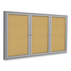 3 Door Enclosed Natural Cork Bulletin Board with Satin Aluminum Frame, 72 x 48, Tan Surface