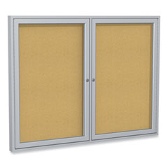 2 Door Enclosed Natural Cork Bulletin Board with Satin Aluminum Frame, 60 x 48, Tan Surface