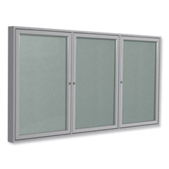 3 Door Enclosed Vinyl Bulletin Board with Satin Aluminum Frame, 96 x 48, Silver Surface