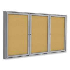 3 Door Enclosed Natural Cork Bulletin Board with Satin Aluminum Frame, 96 x 48, Tan Surface
