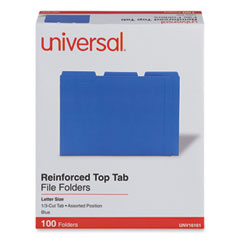 Universal® Reinforced Top-Tab File Folders, 1/3-Cut Tabs: Assorted, Letter Size, 1" Expansion, Blue, 100/Box