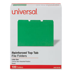 Universal® Reinforced Top-Tab File Folders, 1/3-Cut Tabs: Assorted, Letter Size, 1" Expansion, Green, 100/Box