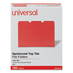 Universal® Reinforced Top-Tab File Folders, 1/3-Cut Tabs: Assorted, Letter Size, 1" Expansion, Red, 100/Box