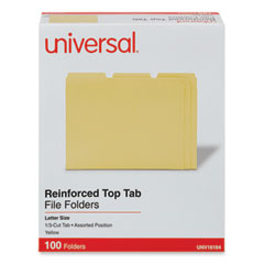 Universal® Reinforced Top-Tab File Folders, 1/3-Cut Tabs: Assorted, Letter Size, 1" Expansion, Yellow, 100/Box