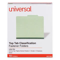 Universal® Four-Section Pressboard Classification Folders, 2" Expansion, 1 Divider, 4 Fasteners, Letter Size, Green Exterior, 10/Box