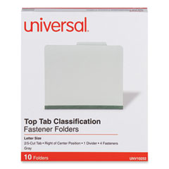 Universal® Four-Section Pressboard Classification Folders, 2" Expansion, 1 Divider, 4 Fasteners, Letter Size, Gray Exterior, 10/Box