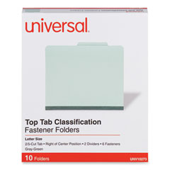 Universal® Six-Section Pressboard Classification Folders, 2" Expansion, 2 Dividers, 6 Fasteners, Letter Size, Gray-Green, 10/Box
