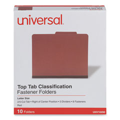 Universal® Eight-Section Pressboard Classification Folders, 3" Expansion, 3 Dividers, 8 Fasteners, Letter Size, Red Exterior, 10/Box