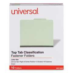 Universal® Eight-Section Pressboard Classification Folders, 3" Expansion, 3 Dividers, 8 Fasteners, Letter Size, Green Exterior, 10/Box