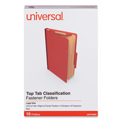 Universal® Eight-Section Pressboard Classification Folders, 3" Expansion, 3 Dividers, 8 Fasteners, Legal Size, Red Exterior, 10/Box