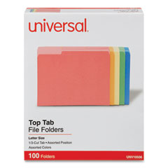 Universal® Deluxe Colored Top Tab File Folders, 1/3-Cut Tabs: Assorted, Letter Size, Assorted Colors, 100/Box