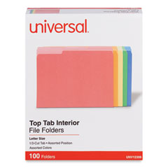 Universal® Interior File Folders, 1/3-Cut Tabs: Assorted, Letter Size, 11-pt Stock, Assorted Colors, 100/Box