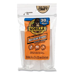 Gorilla® Mini Hot Glue Sticks, 0.27" dia x 4", Dries Clear, 30/Pack