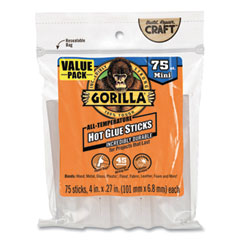 Gorilla® Mini Hot Glue Sticks, 0.27" dia x 4", Dries Clear, 75/Pack