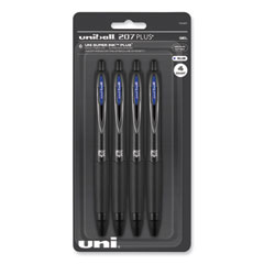 uniball® 207 Plus+ Gel Pen, Retractable, Medium 0.7 mm, Blue Ink, Black Barrel, 4/Pack