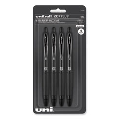 uniball® 207 Plus+ Gel Pen, Retractable, Medium 0.7 mm, Black Ink, Black Barrel, 4/Pack