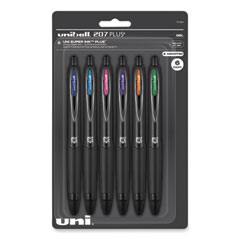 uniball® 207 Plus+ Gel Pen, Retractable, Medium 0.7 mm, Assorted Inspirational Ink Colors, Black Barrel, 6/Pack