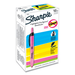 Sharpie® Retractable Highlighters, Fluorescent Pink Ink, Chisel Tip, Pink/Black Barrel, Dozen